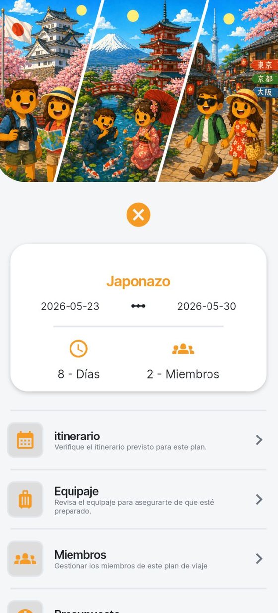 Pantalla de oGo con la propuesta de un viaje: fechas, duración, miembros y secciones del plan.